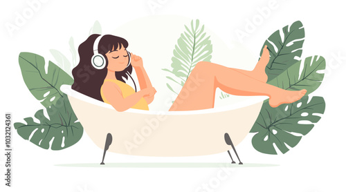 vector drawing girl with girl in headphones sitting in bathroom flat style .Generative AI