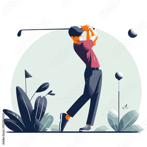 A man is swinging a golf club at a ball. The image has a mood of excitement and focus