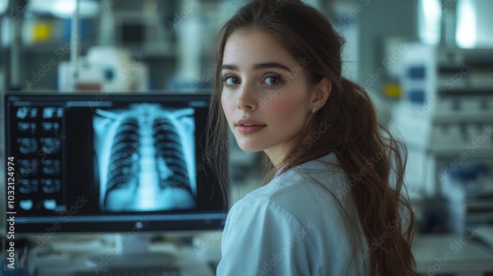 Medical diagnostic analysis: A female doctor operates cutting-edge imaging and scanning systems displayed on various monitors in a futuristic medical setup Medical diagnostic analysis: A female doctor operates cutting-edge imaging and scanning systems displayed on various monitors in a futuristic medical setup