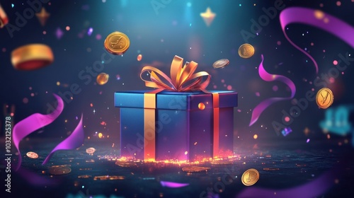 Vibrant gift box with coins and colorful ribbons
