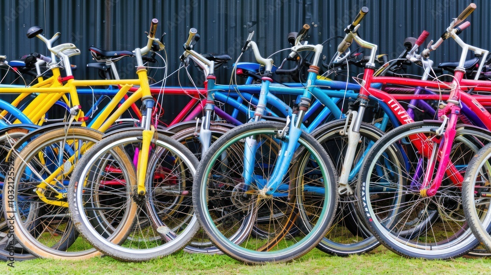 A Row of Colorful Bicycles Parked on Grass Against a Metal Wall A Row of Colorful Bicycles Parked on Grass Against a Metal Wall