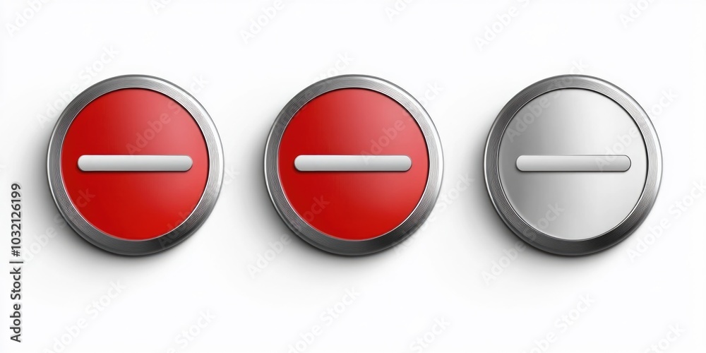Three red and silver buttons on a white background, suitable for design and marketing materials Three red and silver buttons on a white background, suitable for design and marketing materials