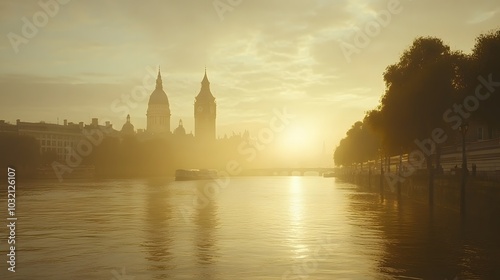 Misty sunrise over a historic river with iconic buildings in the background.