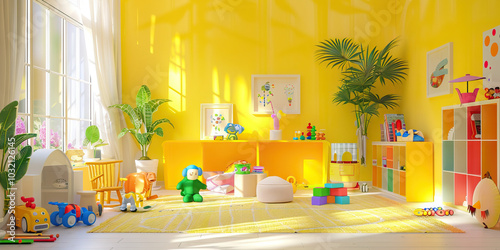 A bright yellow playroom filled with toys and colorful walls, designed to create a sense of calm and serenity for young children with ADHD.