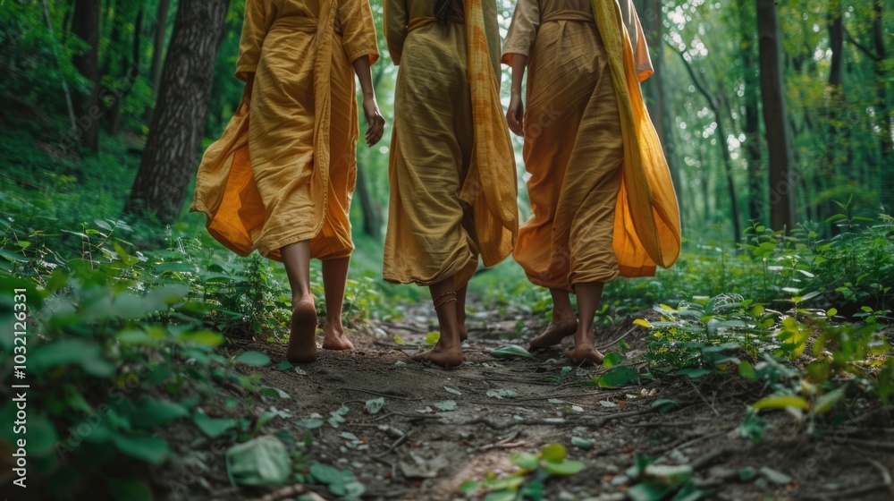 Monks walking in the forest, contemplative atmosphere Monks walking in the forest, contemplative atmosphere