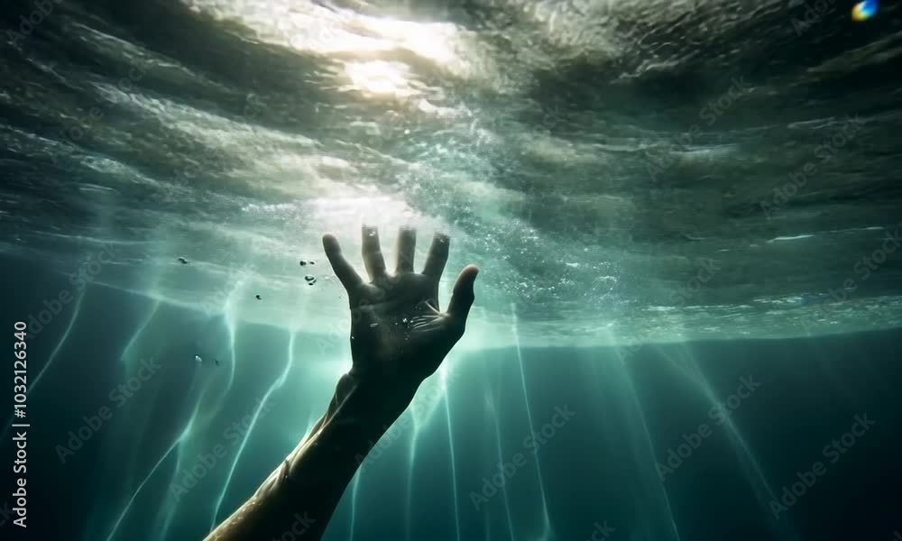 The hand of a drowning man in the water. A man's hand under water. A drowning man in the depths of the sea. The hand of a drowning man in the water. A man's hand under water. A drowning man in the depths of the sea.