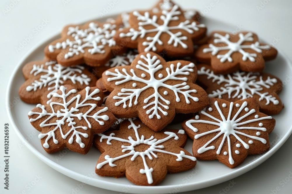 A plate of gingerbread cookies decorated with white icing in the shape of snowflakes A plate of gingerbread cookies decorated with white icing in the shape of snowflakes