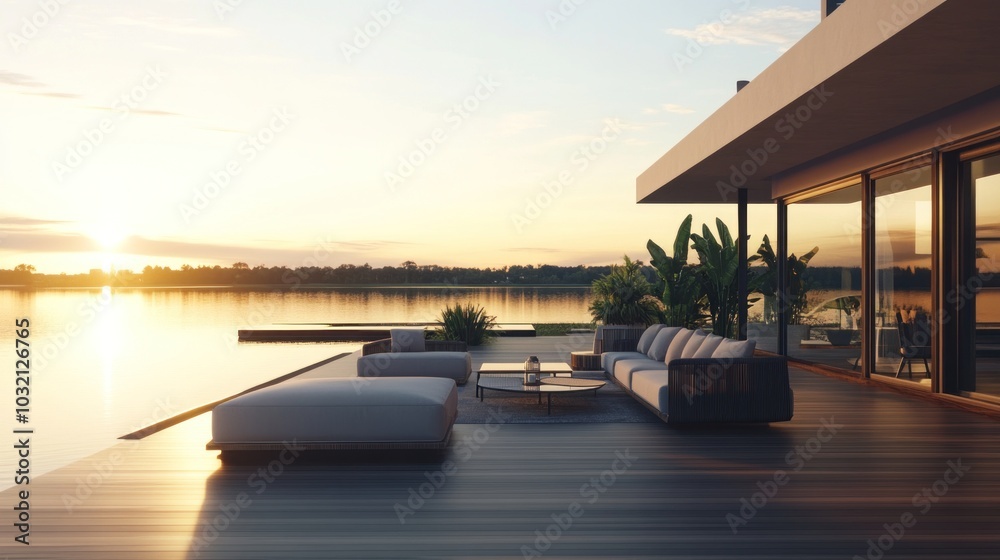 Fototapeta premium Modern Waterfront Home at Sunset