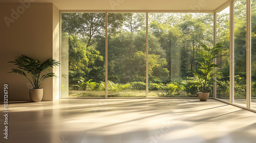 Spacious, airy living space with large windows, minimalist decor, and indoor plants