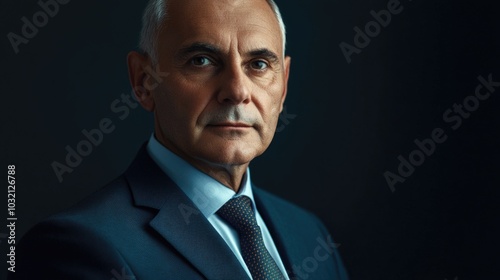 A professional man in a suit and tie looks directly at the camera