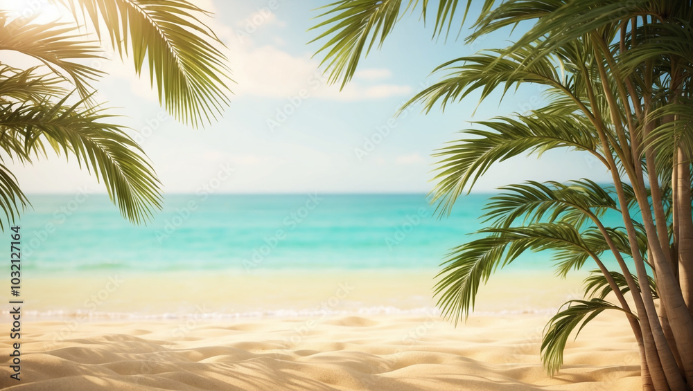 A calming beach background featuring soft sands, palm leaves swaying gently at the top, and the ocean's horizon blending with the bright, sunlit sky. Perfect for summer themes. A calming beach background featuring soft sands, palm leaves swaying gently at the top, and the ocean's horizon blending with the bright, sunlit sky. Perfect for summer themes.