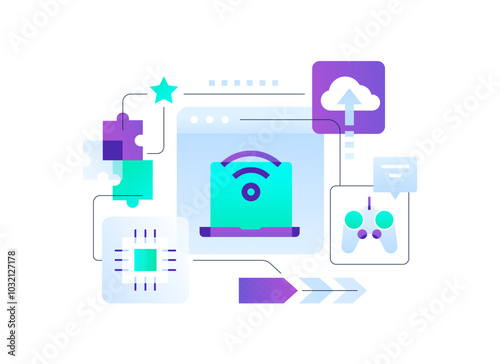 Modern technology and networking - flat design style illustration on white background. Images of laptop with Internet connection, Wi-fi, cloud computing and uploading, game console and chat, website