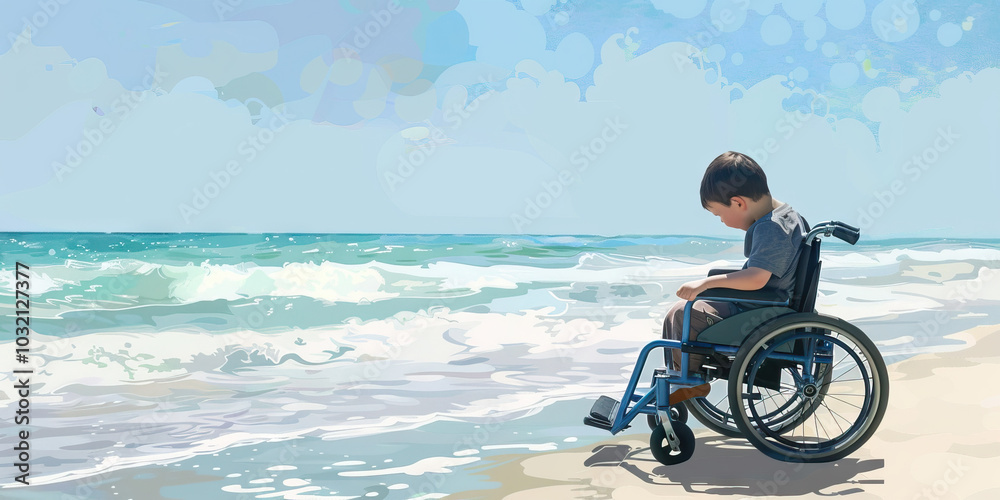 Fototapeta premium A peaceful beachscape with soft blues and whites, framing a child in a wheelchair, enjoying the sand and waves with an adapted beach wheelchair, promoting independence and adventure.