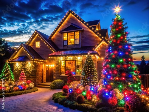 Stunning House Outdoor Christmas Light Extravaganza Silhouette Photography with Festive Decorations and Twinkling Lights at Dusk