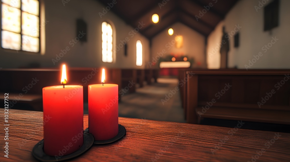 Two red candles flicker on a wooden table in a serene church interior. Two red candles flicker on a wooden table in a serene church interior.