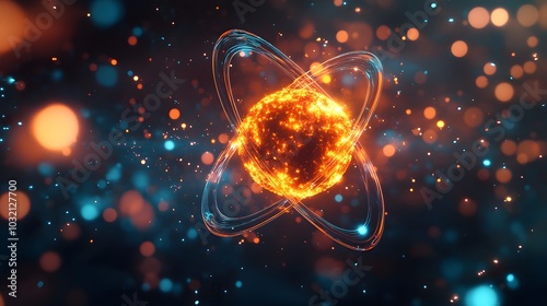 An atomic nucleus close-up featuring a glowing orange core and orbiting electrons, set against a cosmic background, illustrating the dynamic nature of subatomic particles.