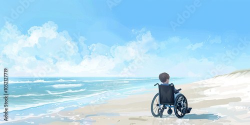 A peaceful beachscape with soft blues and whites, framing a child in a wheelchair, enjoying the sand and waves with an adapted beach wheelchair, promoting independence and adventure.