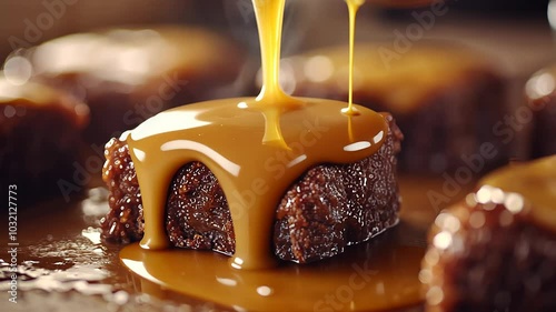 Medium close-up of sticky toffee pudding with butterscotch drizzle