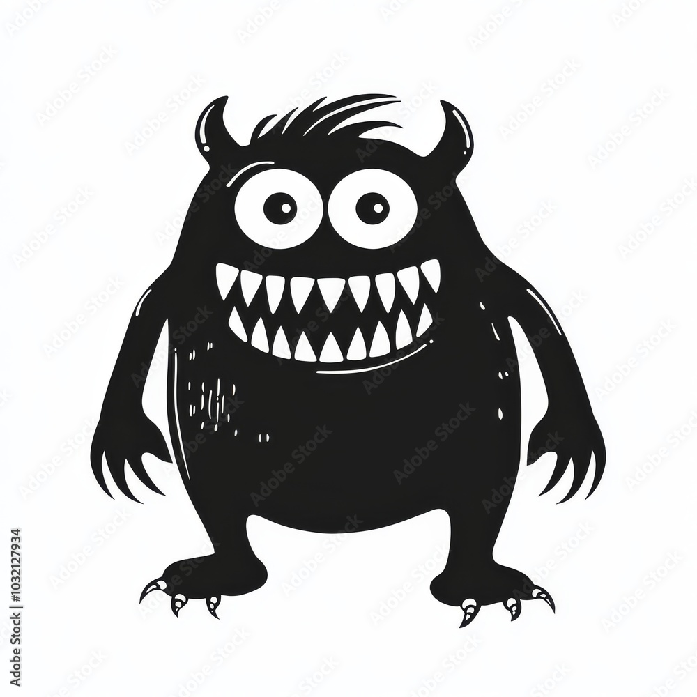 Smiling Cartoon Monster with Big Eyes and Sharp Teeth in Black and White Smiling Cartoon Monster with Big Eyes and Sharp Teeth in Black and White
