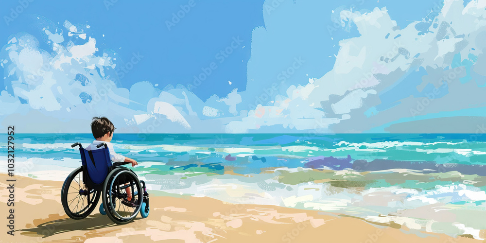 Fototapeta premium A peaceful beachscape with soft blues and whites, framing a child in a wheelchair, enjoying the sand and waves with an adapted beach wheelchair, promoting independence and adventure.