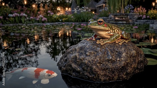 A green frog with red eyes sits on a rock in a pond with a koi fish swimming in the water. photo