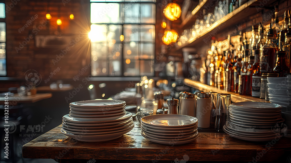 Clean dishes on the bar counter close-up. Restaurant bar with copy space and ready for work. Clean dishes on the bar counter close-up. Restaurant bar with copy space and ready for work.