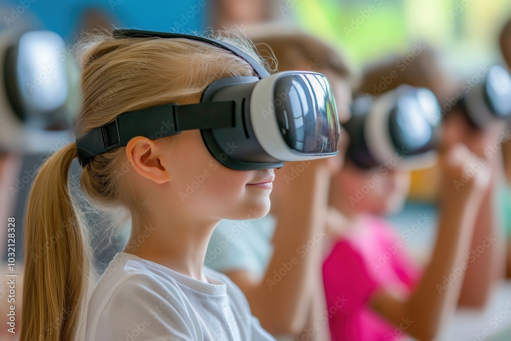 A girl wearing a virtual reality headset is smiling at the camera. She is surrounded by other children who are also wearing VR headsets. The scene appears to be a classroom setting A girl wearing a virtual reality headset is smiling at the camera. She is surrounded by other children who are also wearing VR headsets. The scene appears to be a classroom setting