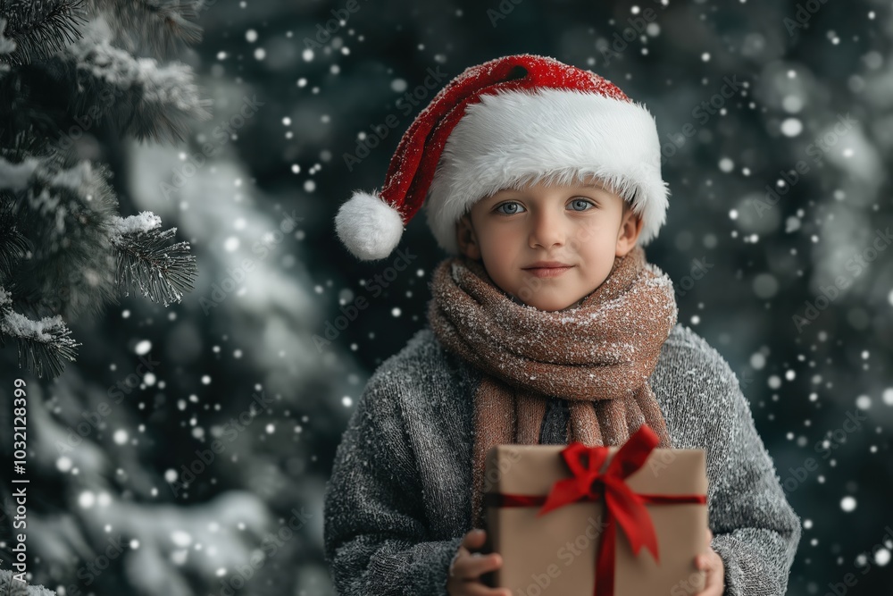 A little boy is standing in the snow, wearing a red hat and a scarf. He is holding a brown box with a red ribbon, and he has a big smile on his face. The scene is set in a forest