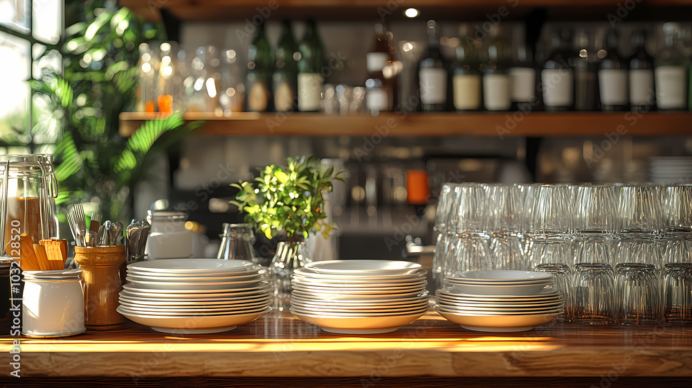 Clean dishes on the bar counter close-up. Restaurant bar with copy space and ready for work. Clean dishes on the bar counter close-up. Restaurant bar with copy space and ready for work.