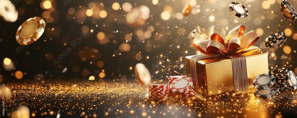 Golden gift box with poker chips and bokeh sparkles