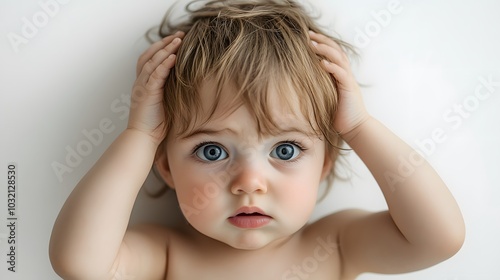 A close-up portrait of a baby with a frustrated expression, hands on head, set against a pure white background, highlighting innocent features through soft studio lighting.