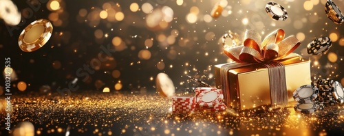 Obraz na płótnie Golden gift box with poker chips and bokeh sparkles w salonie
