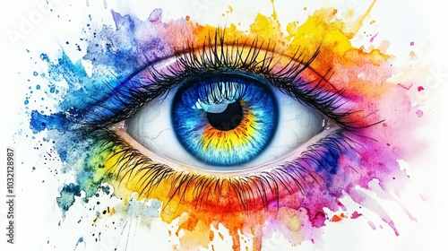A close-up of a blue eye with colorful watercolor splatter surrounding it.
