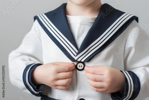 A child adjusts a button on a classic sailor suit, featuring a deep navy collar and crisp, white fabric, evoking a timeless nautical style. photo