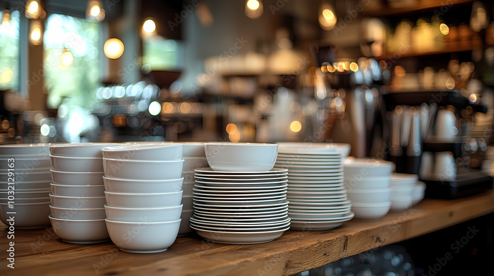 Clean dishes on the bar counter close-up. Restaurant bar with copy space and ready for work. Clean dishes on the bar counter close-up. Restaurant bar with copy space and ready for work.