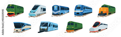 High Speed Train Vessel on Rail in Perspective View Vector Set