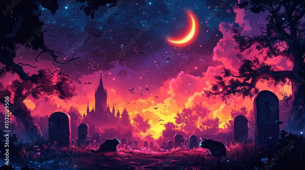 Fototapeta premium Mysterious cemetery under a starry sky with a glowing crescent moon, surrounded by tombstones and dark trees, creating an eerie and magical night atmosphere