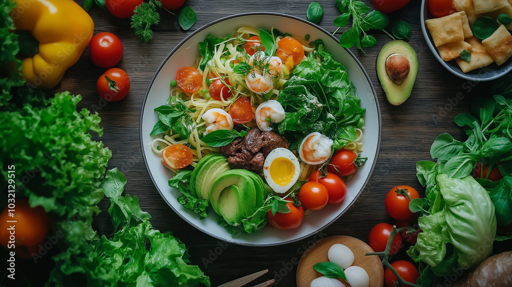 Fresh salad with shrimp, avocado, and cherry tomatoes, bursting with color and flavor Fresh salad with shrimp, avocado, and cherry tomatoes, bursting with color and flavor