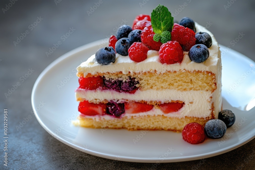 A slice of cake topped with fresh berries, perfect for dessert or snack A slice of cake topped with fresh berries, perfect for dessert or snack