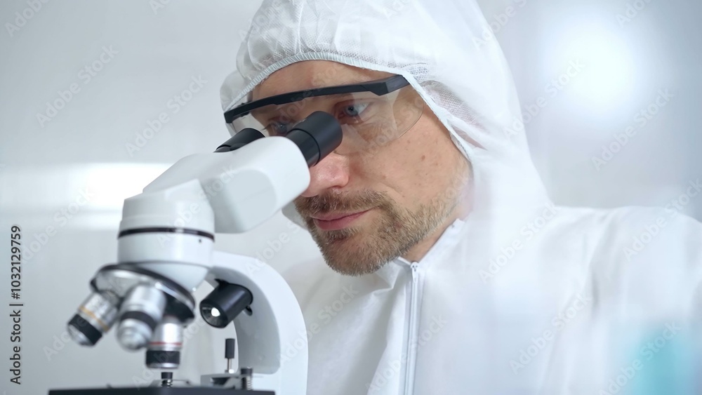 Scientist in ppe analyzing samples with microscope. Close-up of a focused researcher in a lab coat and protective gear using a microscope in a laboratory setting Scientist in ppe analyzing samples with microscope. Close-up of a focused researcher in a lab coat and protective gear using a microscope in a laboratory setting