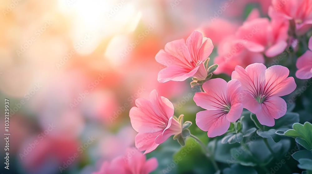 Bright pink geranium flowers nestled among lush green foliage, bathed in soft sunlight, captured in macro photography to highlight their vivid colors and delicate beauty. Bright pink geranium flowers nestled among lush green foliage, bathed in soft sunlight, captured in macro photography to highlight their vivid colors and delicate beauty.