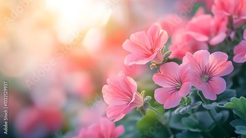 Bright pink geranium flowers nestled among lush green foliage, bathed in soft sunlight, captured in macro photography to highlight their vivid colors and delicate beauty.