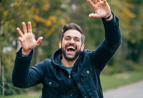 Excited Canadian man beaming with joy and happiness exuding posi photo