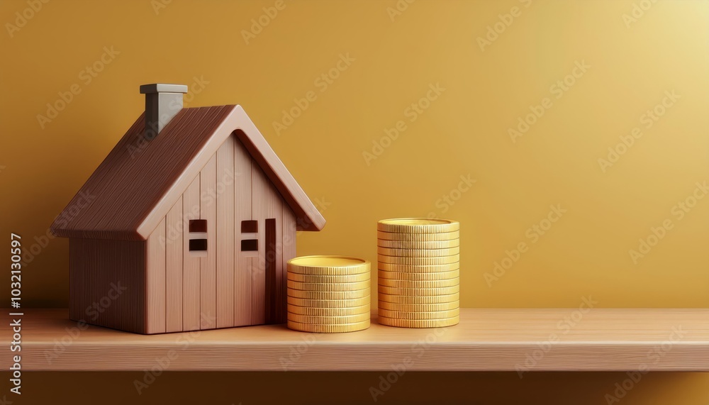 A wooden house model beside two golden coins on a wooden shelf against a warm yellow background, symbolizing wealth and home investment. A wooden house model beside two golden coins on a wooden shelf against a warm yellow background, symbolizing wealth and home investment.