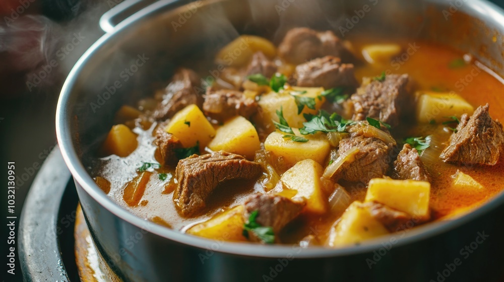 Freshly cooked homemade stew with chunks of meat and potatoes, ready to be served Freshly cooked homemade stew with chunks of meat and potatoes, ready to be served