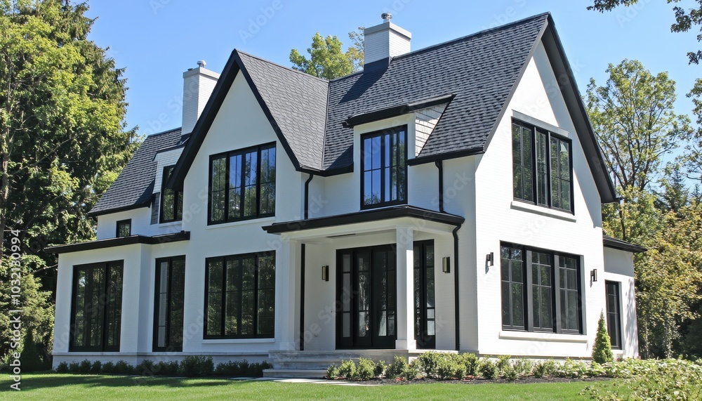 Stunning white farmhouse with black windows and dark roof in the sun Stunning white farmhouse with black windows and dark roof in the sun