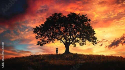 Silhouetted Child and Tree Against Dramatic Sunset Sky