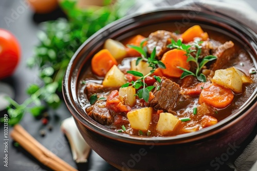 A warm and hearty bowl of stew filled with tender carrots and potatoes, perfect for a comforting meal