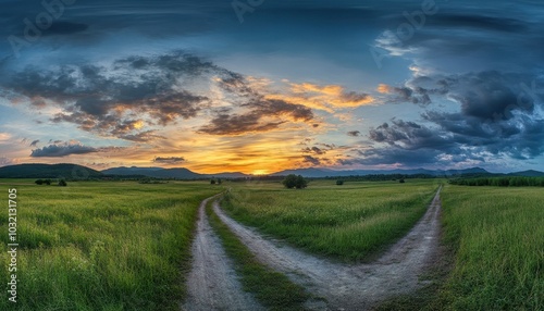 Stunning rural panorama with green fields and a winding road at sunset