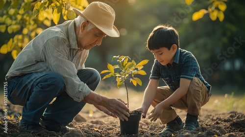 Grandfather and Grandson Planting a Tree Together Shared Moment of Connection and Legacy